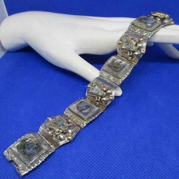 ABALONE MEXICAN SILVER Panel Bracelet Abalone Masks Rectangles Marked Mexico - Picture 11 of 15